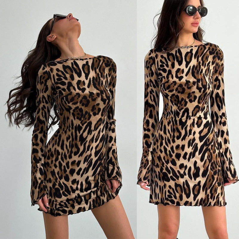 Damen Kleid mit offenem Rücken und attraktivem Leopardenmuster Drune
