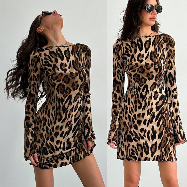 Damen Kleid mit offenem Rücken und attraktivem Leopardenmuster Drune