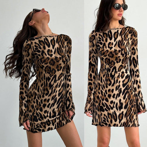 Damen Kleid mit offenem Rücken und attraktivem Leopardenmuster Drune