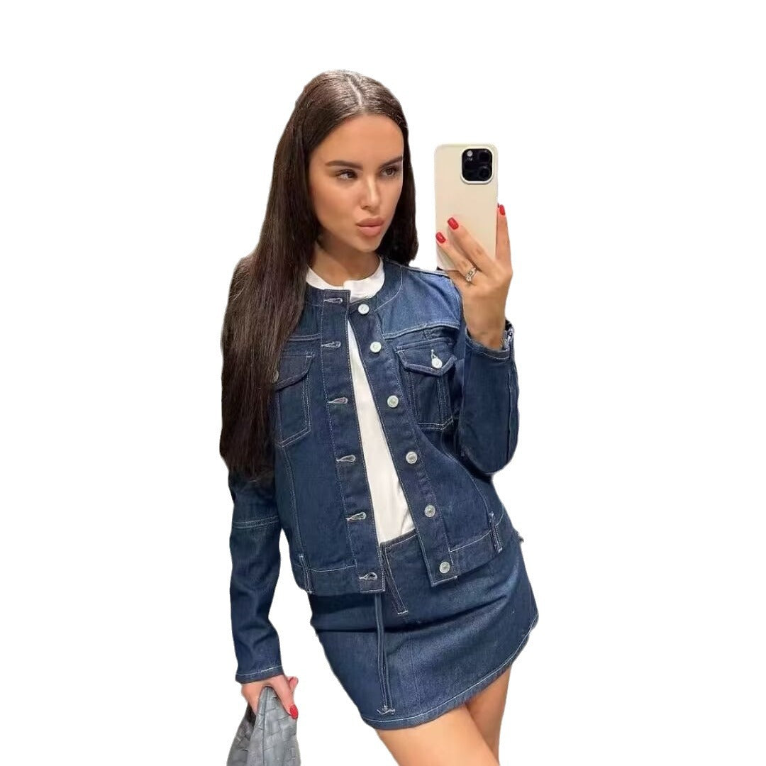 Damen nan leichte Jeansjacke mit Rundhalsausschnitt, durchgehender Knopfleiste und aufgesetzten Brusttaschen Drune