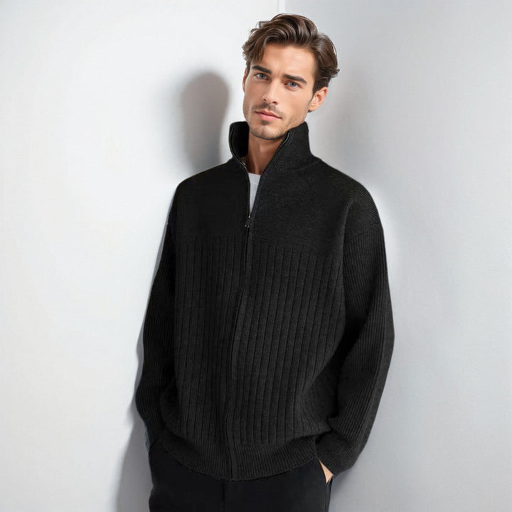 Herren Halbzip-Strickpullover mit hohem Stehkragen und breitem Rippenmuster Drune