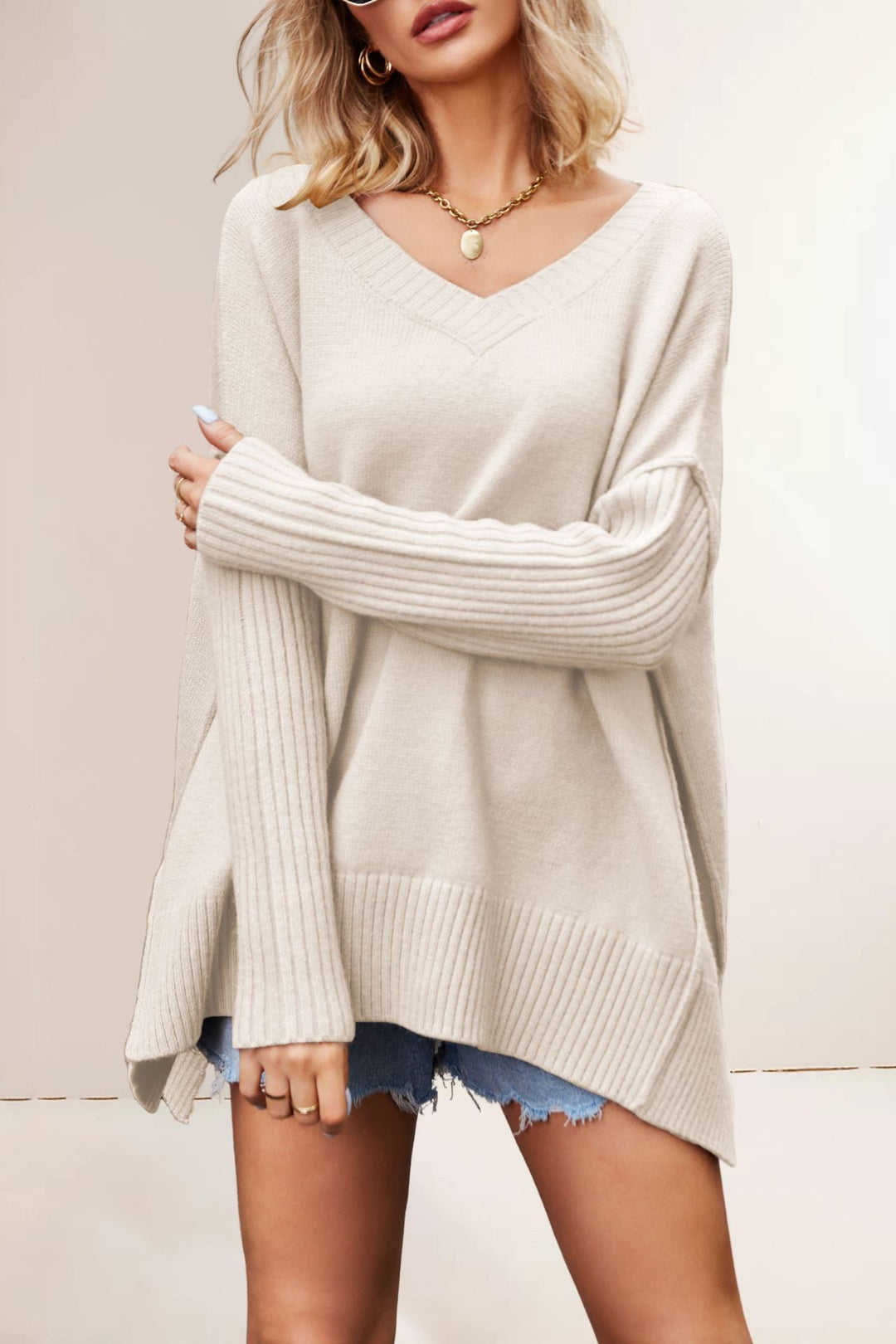 Damen oversized V-Ausschnitt Pullover mit strukturierten Ärmeln Drune