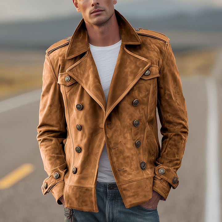 Herren Doppelreihige Wildlederjacke im Aviator‑Stil mit Epauletten Drune