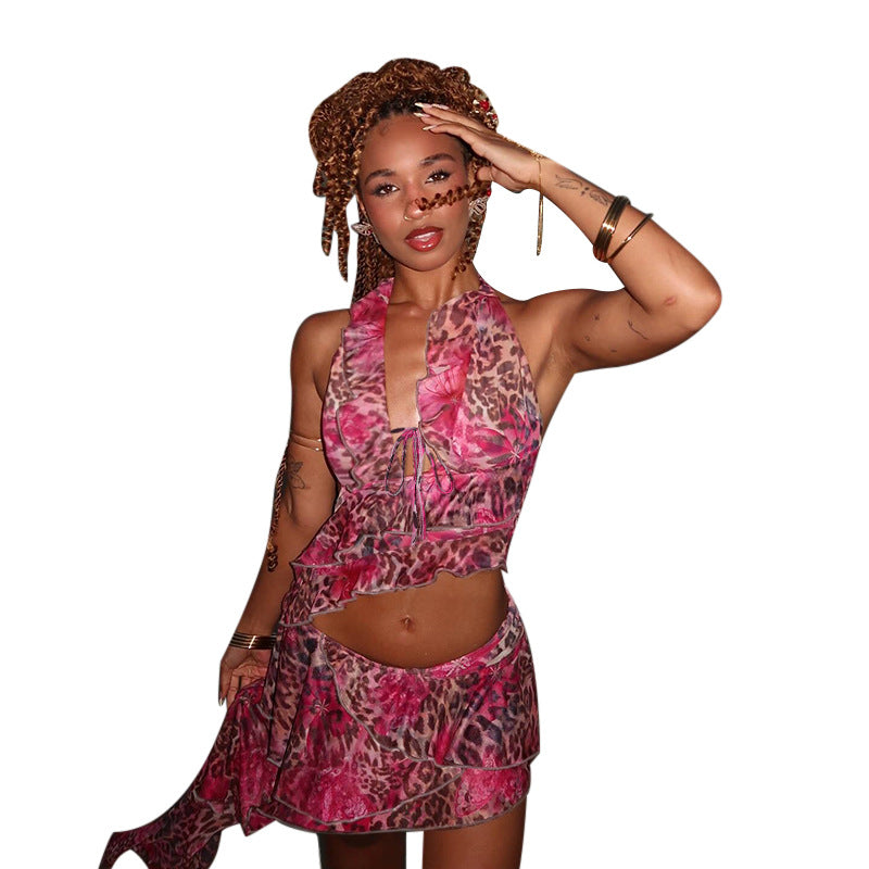 Damen asymmetrisches Wickelkleid mit Rüschendetails und femininem Leopardenmuster Drune