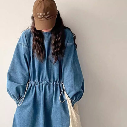 Damen Denim-Midikleid mit Kordelzugtaillierung Drune
