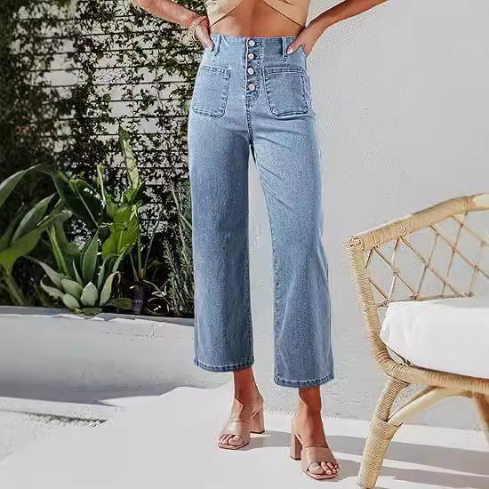 Damen High-Waist Jeans mit Knopfdetail und weitem Bein Drune