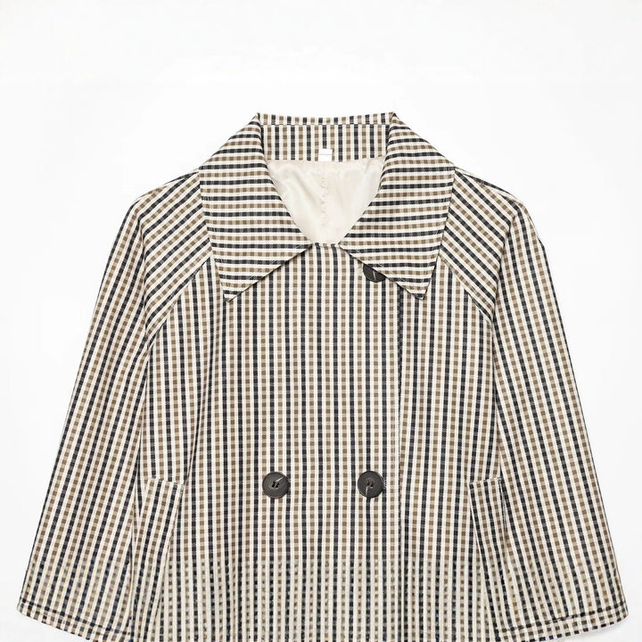 Damen Kurze taillierte Doppelreihige Trenchjacke mit Karo‑Muster und Bindegürtel Drune
