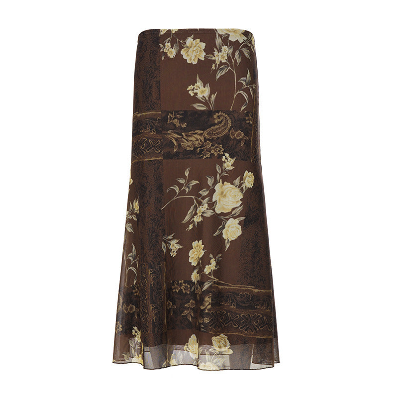 Damen Maxi-Rock mit floralem Design und transparenter Chiffon-Überlage Drune
