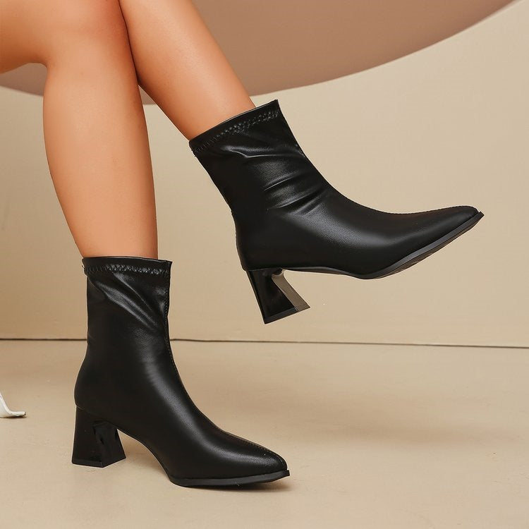 Damen knöchelhohe Stiefeletten mit spitz zulaufender Silhouette, elastischem Schaft und geometrischem Blockabsatz Drune