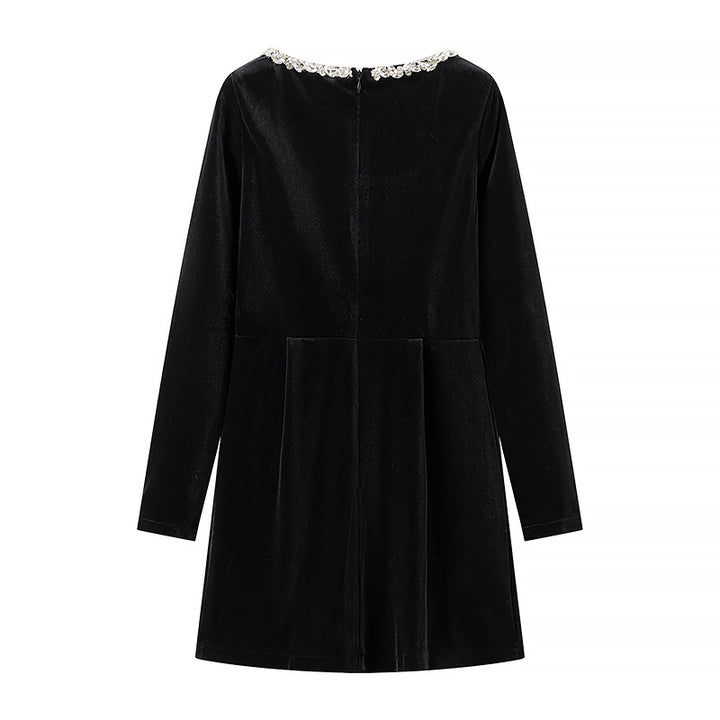 Damen Velourskleid mit eleganter Schmuckkragenverzierung Drune