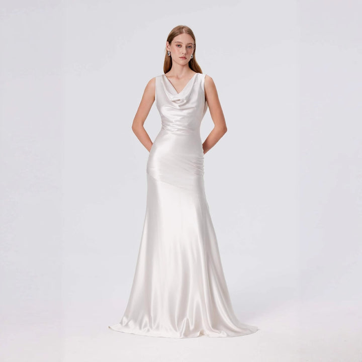 Damen elegantes Abendkleid mit fließendem Satin und raffiniertem Ausschnitt Drune