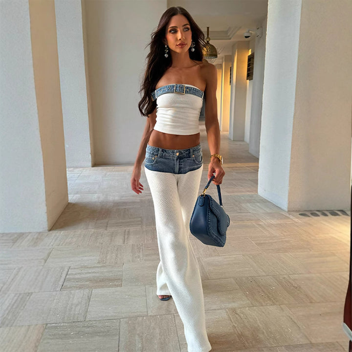 Damen Stylishe Strickhose mit Denim-Einsätzen Drune