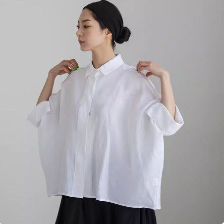 Damen Weite Boxy-Leinenbluse mit verdeckter Knopfleiste, Stehkragen und krempelbaren Ärmeln Drune