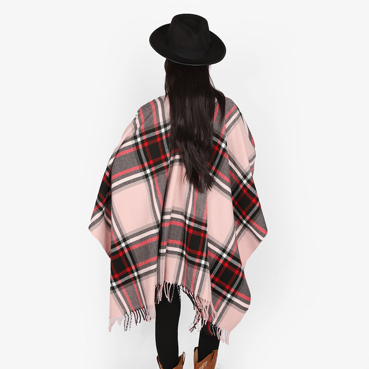 Damen Oversize-Karo-Capeponcho aus Wollmix mit V-Ausschnitt und Fransensaum Drune