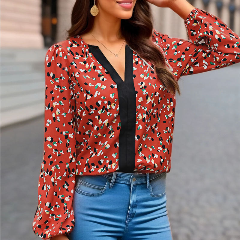 Damen Locker geschnittene V-Ausschnitt-Bluse mit kontrastierter Zierblende und Allover-Print Drune