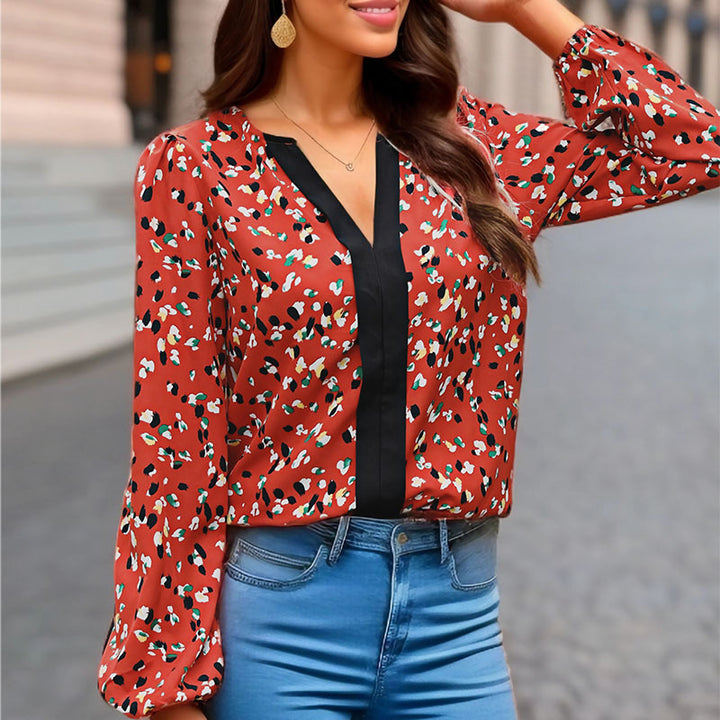 Damen Locker geschnittene V-Ausschnitt-Bluse mit kontrastierter Zierblende und Allover-Print Drune