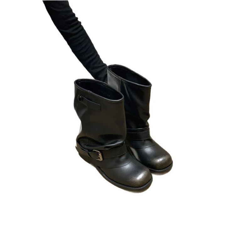 Damen Slouchy Bikerstiefeletten mit verstellbarem Schnallenriemen und runder Zehenform Drune