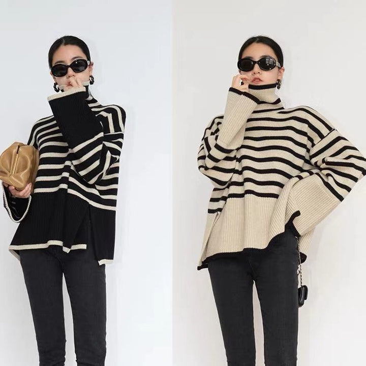 Damen Grob gestrickter Rollkragenpullover mit maritimem Streifenmuster und lässigem Schnitt Drune