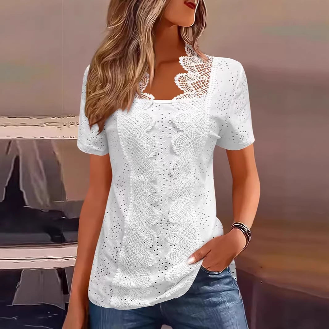 Damen nan Lochstickerei-Bluse mit Spitzenpasse und quadratischem Ausschnitt Drune