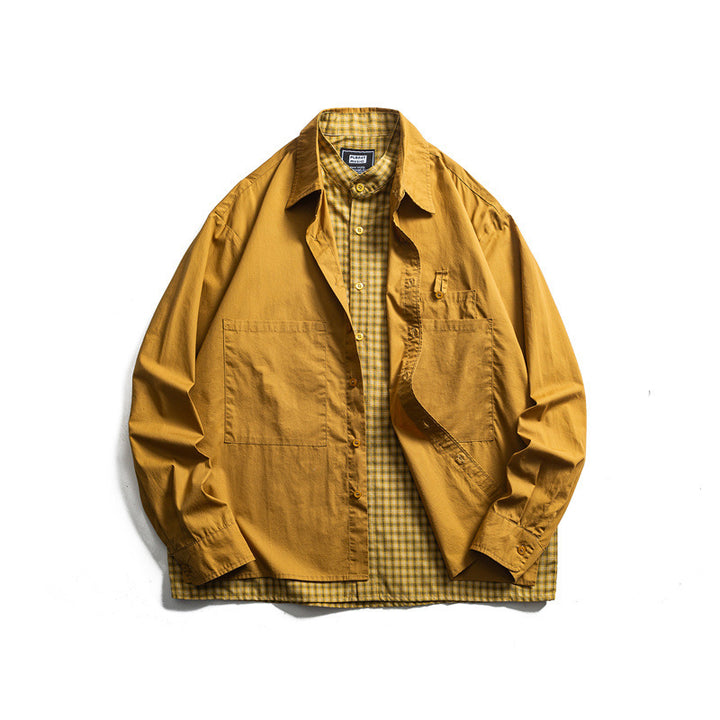 Herren Lagenlook-Overshirt mit aufgesetzten Fronttaschen, lockerer Passform und kariertem Untertritt Drune