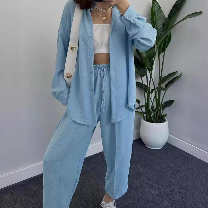 Damen Lässiges zweiteiliges Lounge-Set aus Crêpe mit Oversize-Hemd und hohem Elastikbund Drune
