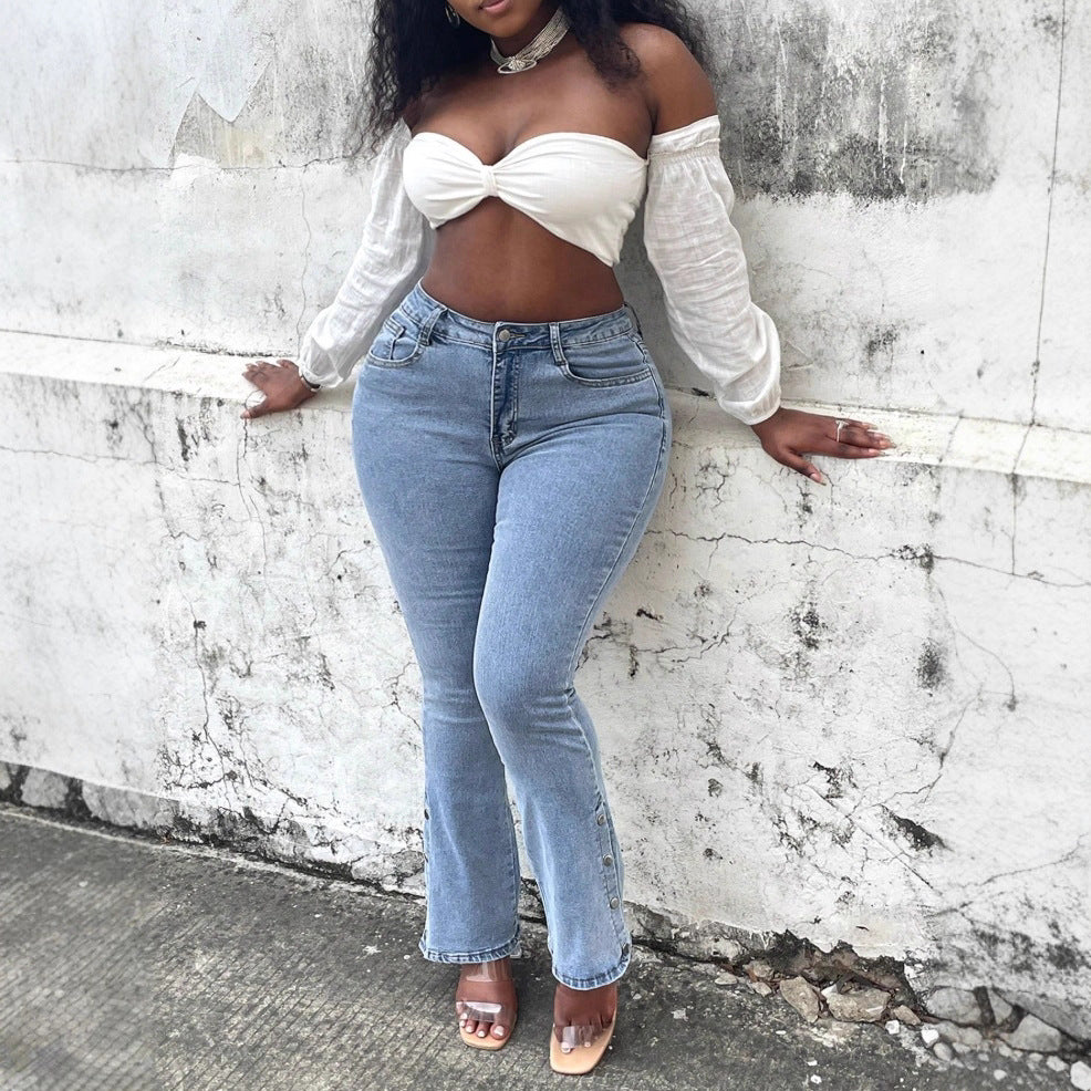 Damen High-Waist Stretch-Jeans mit leichtem Flare und seitlichen Druckknopf-Details Drune