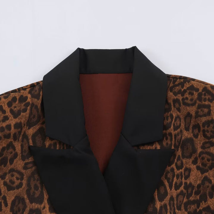 Damen Doppelreihiger Mantel mit Leopardenmuster und Satin-Schalkragen Drune