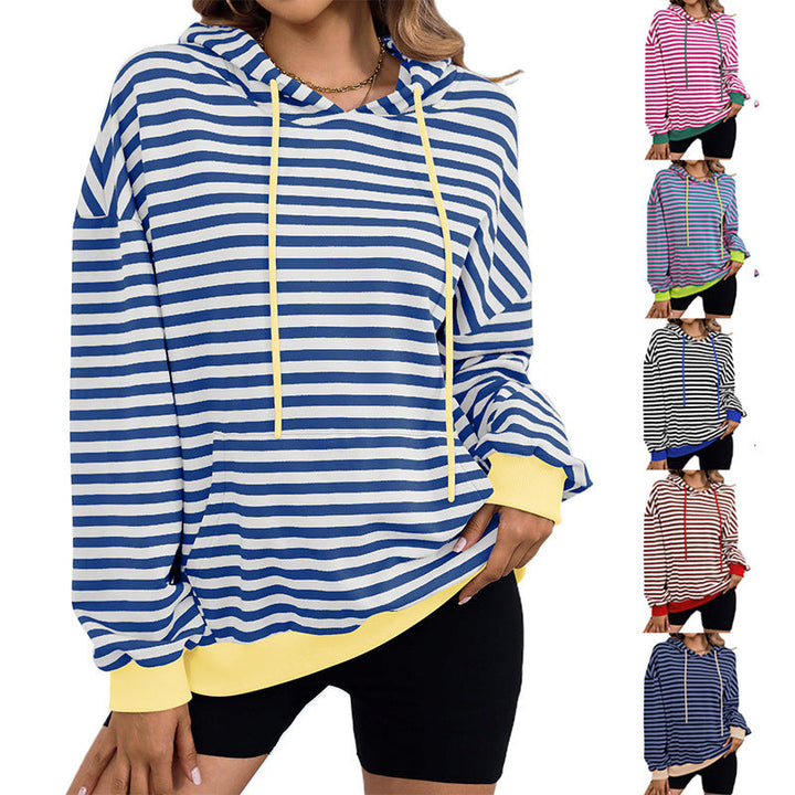 Damen gestreifter Kapuzenpullover mit stylischer Kängurutasche Drune