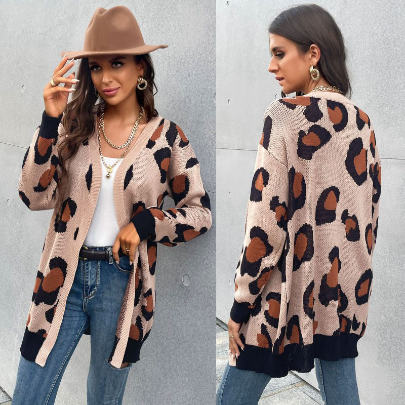 Damen Longline Cardigan im Leo-Jacquard mit offener Front und Rippbündchen Drune