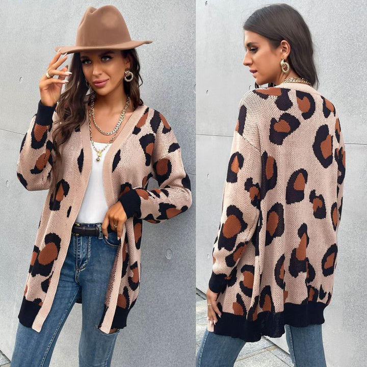 Damen Longline Cardigan im Leo-Jacquard mit offener Front und Rippbündchen Drune