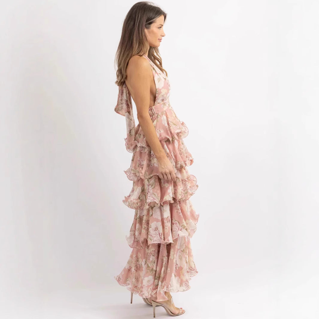 Damen Maxikleid mit romantischen Volants und floralem Druck Drune