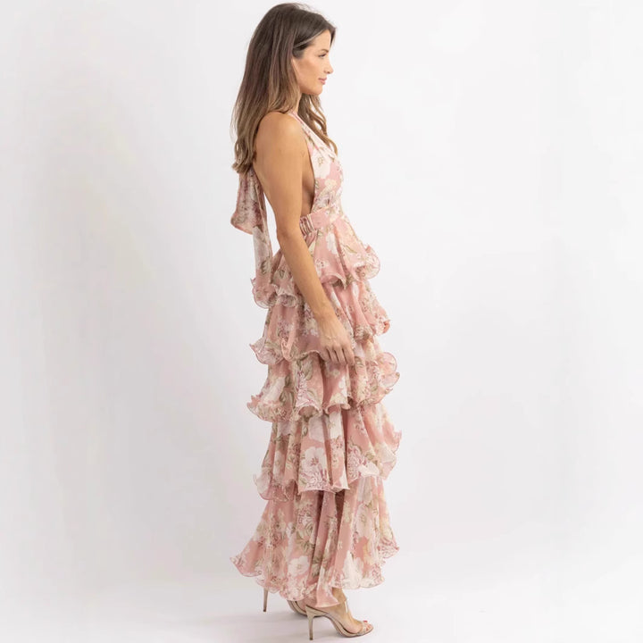 Damen Maxikleid mit romantischen Volants und floralem Druck Drune
