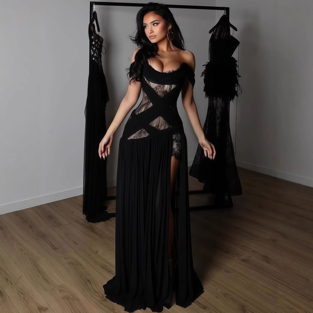 Damen Elegantes Spitzenkleid mit tiefem Schlitz und trägerlosem Schnitt Drune