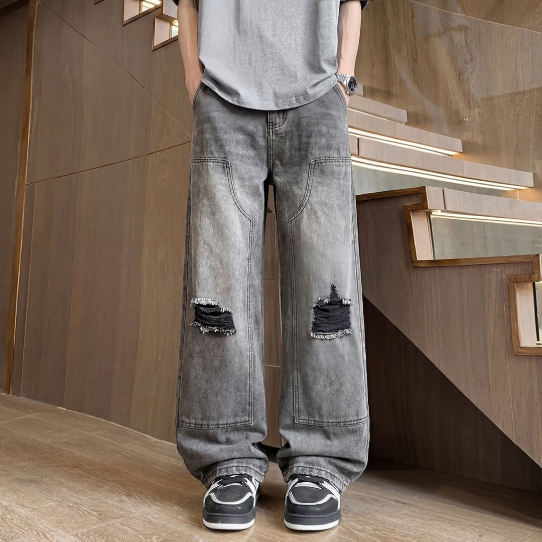 Herren Weite Baggy-Jeans mit Used‑Wash, Knie‑Rips & Utility‑Nähten Drune