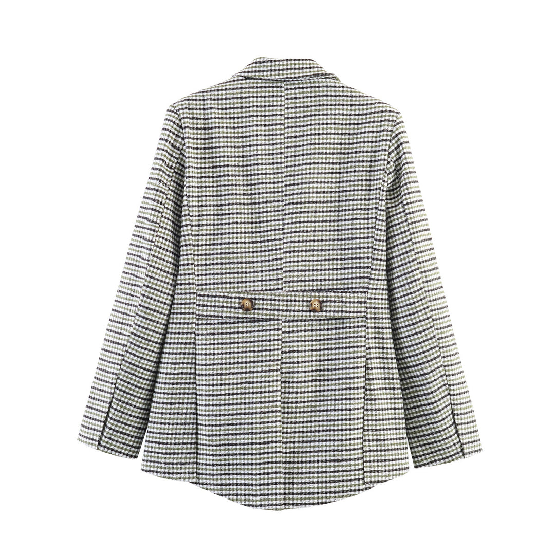 Damen Karo-Blazer mit asymmetrischem Cropped-Vorderteil und Holzknöpfen Drune