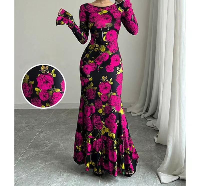 Damen nan eng anliegendes Maxikleid mit Meerjungfrauen-Schnitt, langen Glockenärmeln und Rüschensaum Drune