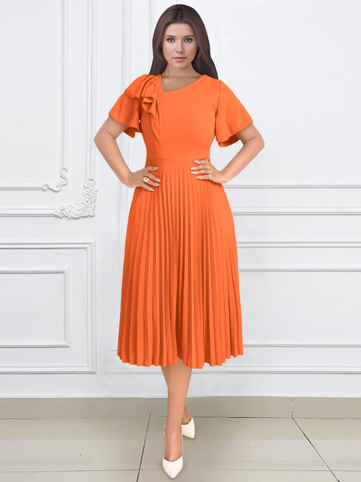 Damen elegantes Plisseekleid mit asymmetrischem Rüschen-Detail Drune
