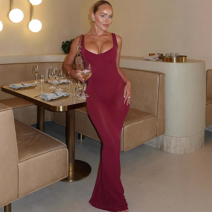 Damen Elegantes figurbetontes Maxikleid mit schickem Rückenschnitt Drune
