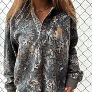 Damen gemusterter Fleece-Pullover mit kurzem Reißverschluss, Polo-Kragen und gerippten Bündchen Drune