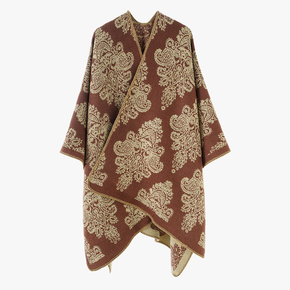 Damen Wollmix-Capeponcho mit beidseitigem Jacquard‑Paisley und kontrastierter Rollkante Drune