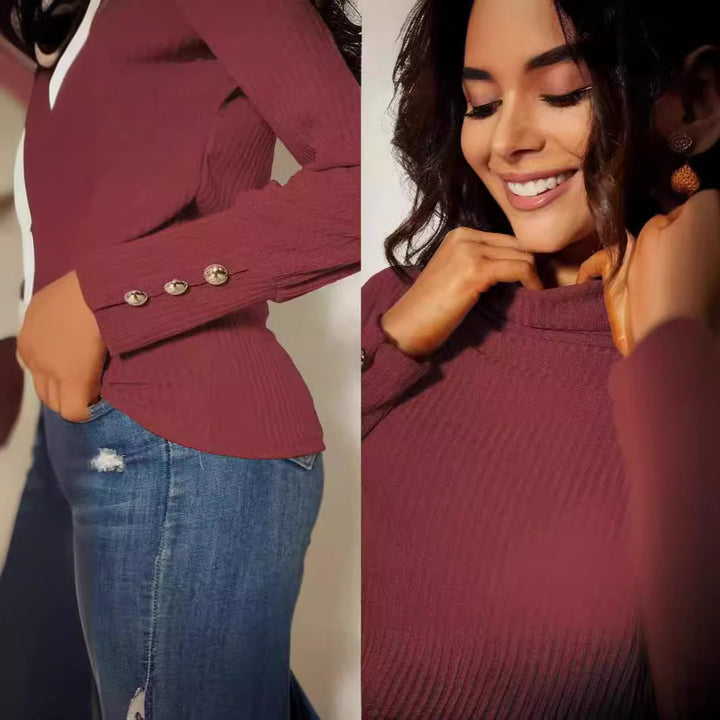 Damen Moderner Rollkragenpullover mit Knopfdetails Drune