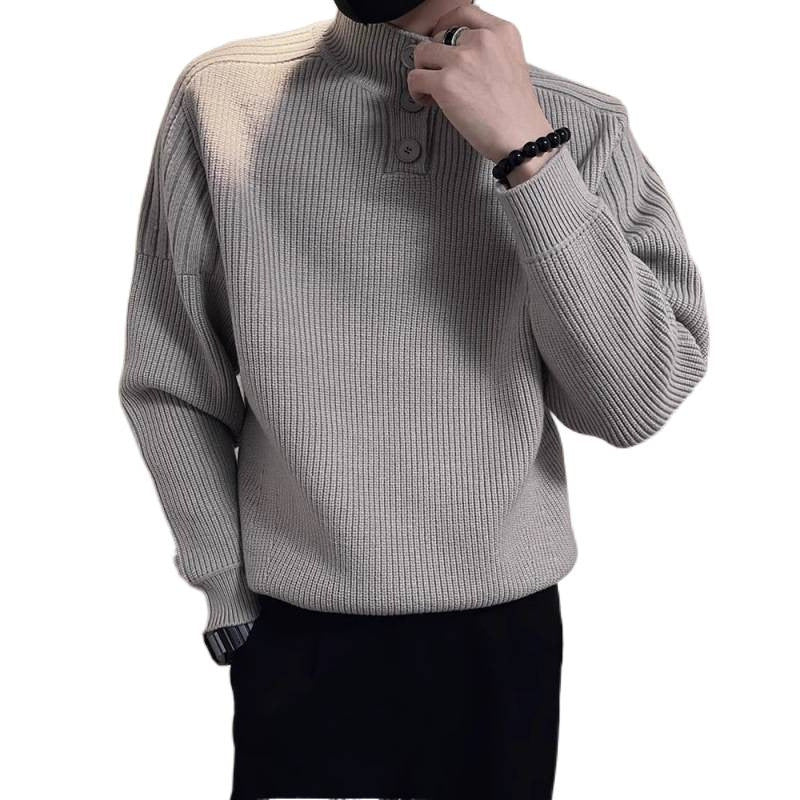 Herren Relaxed Rippstrick‑Pullover mit Halbknopf‑Stehkragen Drune