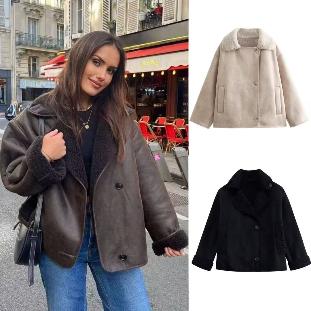 Damen nan kurze Winterjacke mit weichem Teddyfutter, Umschlagkragen und Knopfleiste Drune