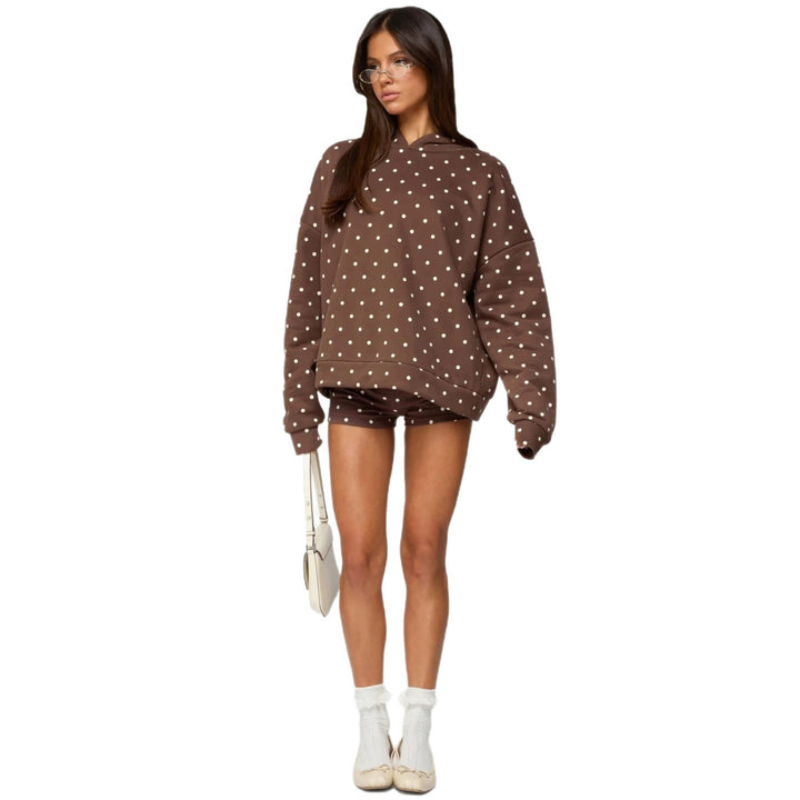 Damen nan gepunktetes Komfort-Set mit Kapuzensweatshirt, Kängurutasche und Shorts Drune