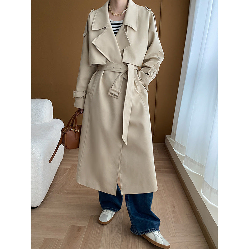 Damen eleganter Trenchcoat mit breitem Revers und praktischen Taschen Drune