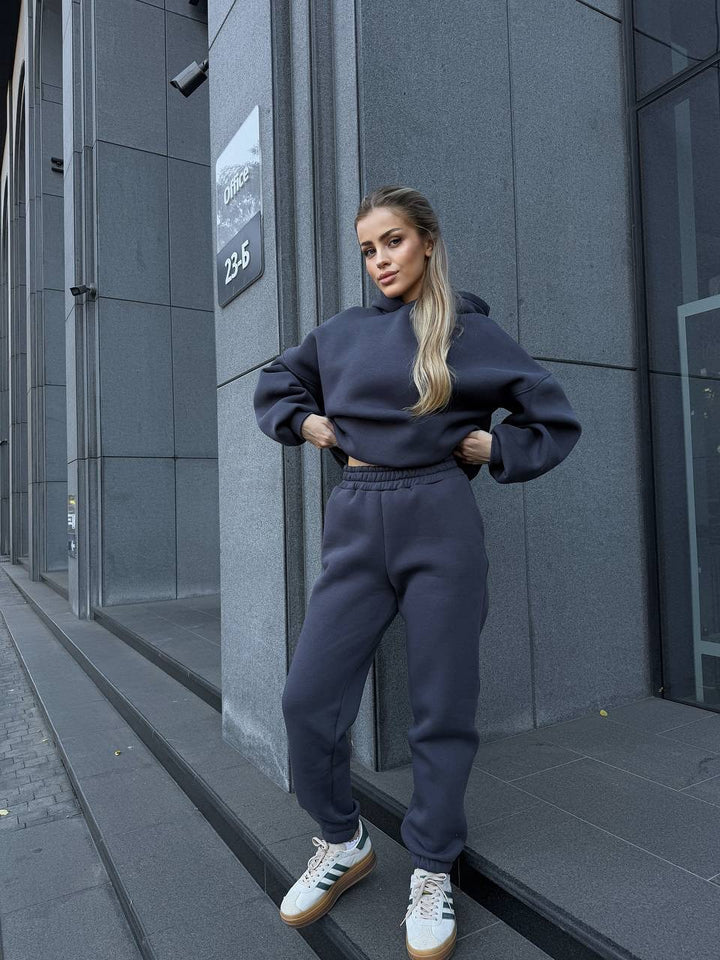 Damen Oversized-Fleece-Sweatset mit Kapuze und konisch zulaufender Jogginghose Drune