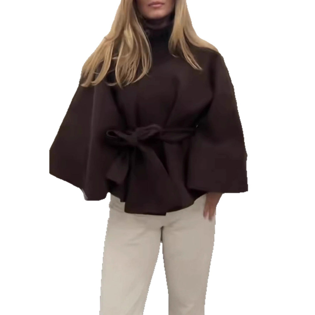 Damen elegante Umhangjacke mit hochgeschlossenem Stehkragen und schickem Gürtel Drune