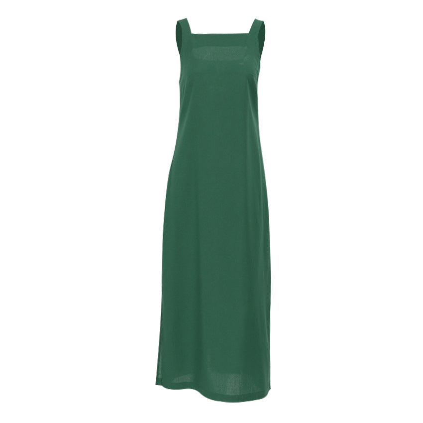 Damen Maxikleid aus hochwertigem Leinenstoff mit breiten Trägern und seitlichen Schlitzen Drune