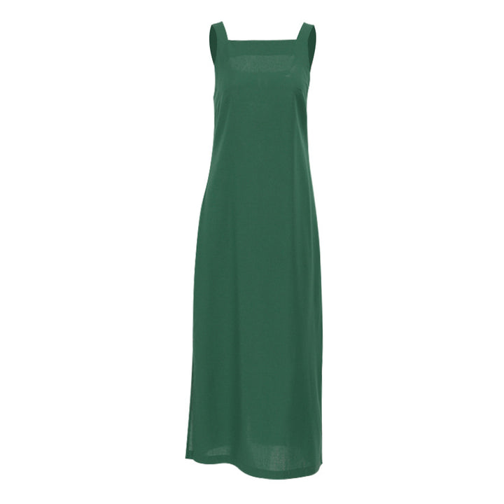 Damen Maxikleid aus hochwertigem Leinenstoff mit breiten Trägern und seitlichen Schlitzen Drune