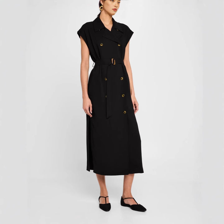 Damen Ärmelloses Doppelreiher-Midikleid mit Trench-Gürtel Drune